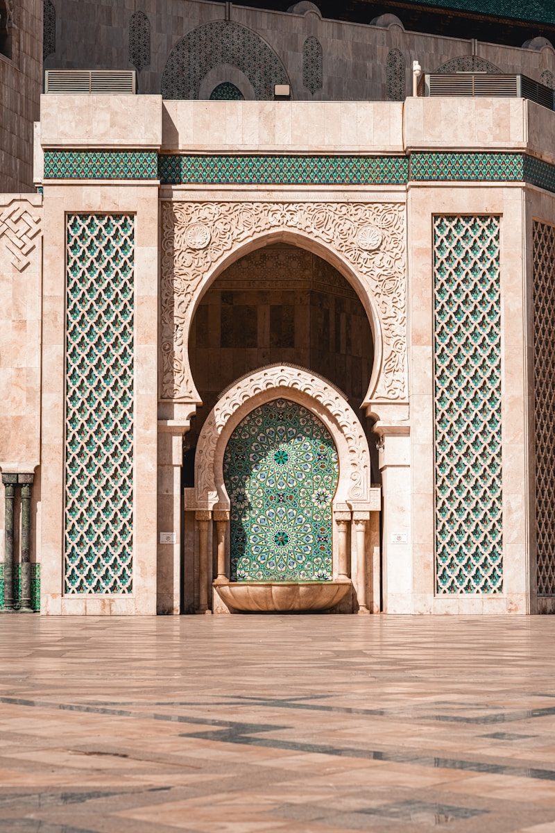 a building with a green and white door